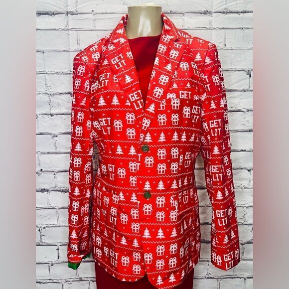 Dec. 25th Men's Medium Red & White Get Lit Christmas Long Sleeve Blazer Jacket - Picture 1 of 5